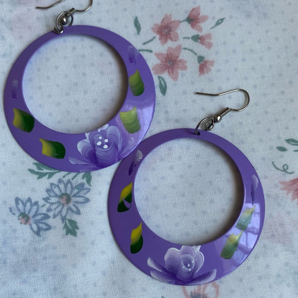 Handmade purple and green flower earrings